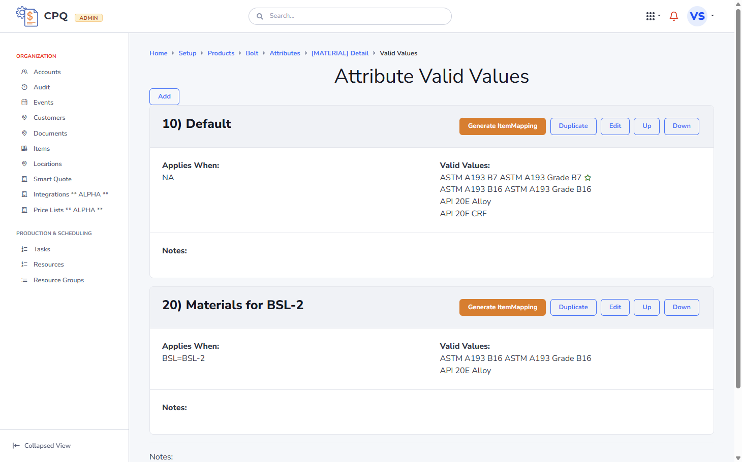 Attribute Valid Values Setup